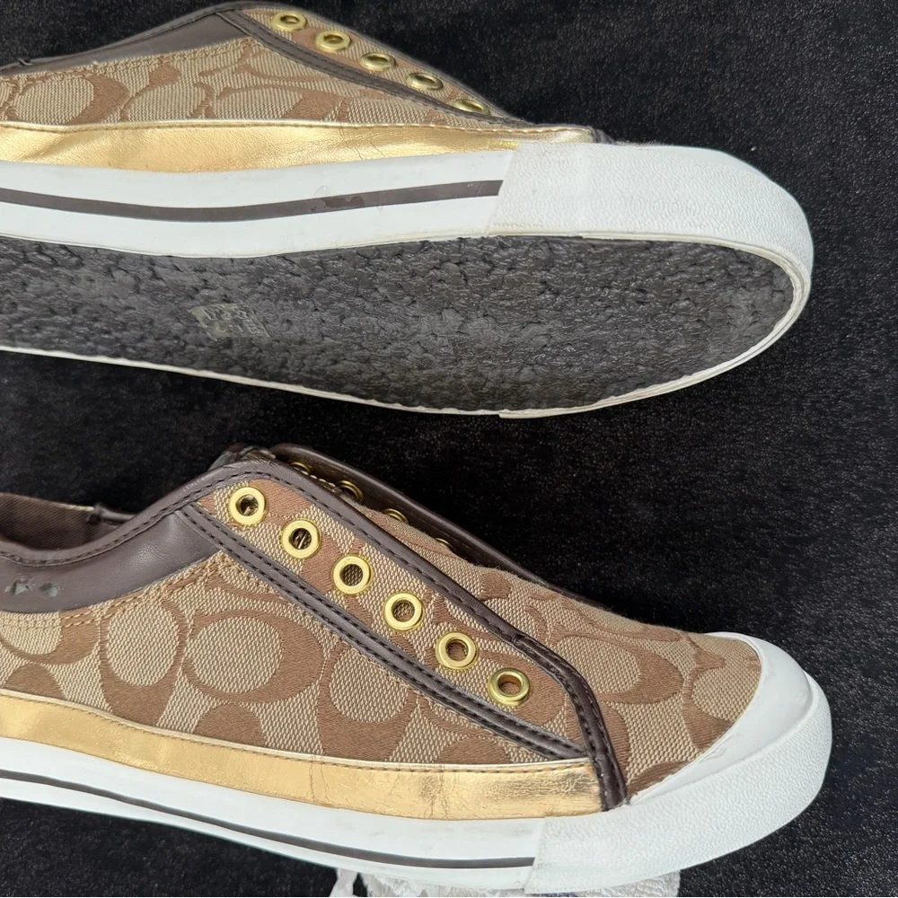 Coach Tan and Gold Patterned Slip-On Shoes - Picture 4 of 5